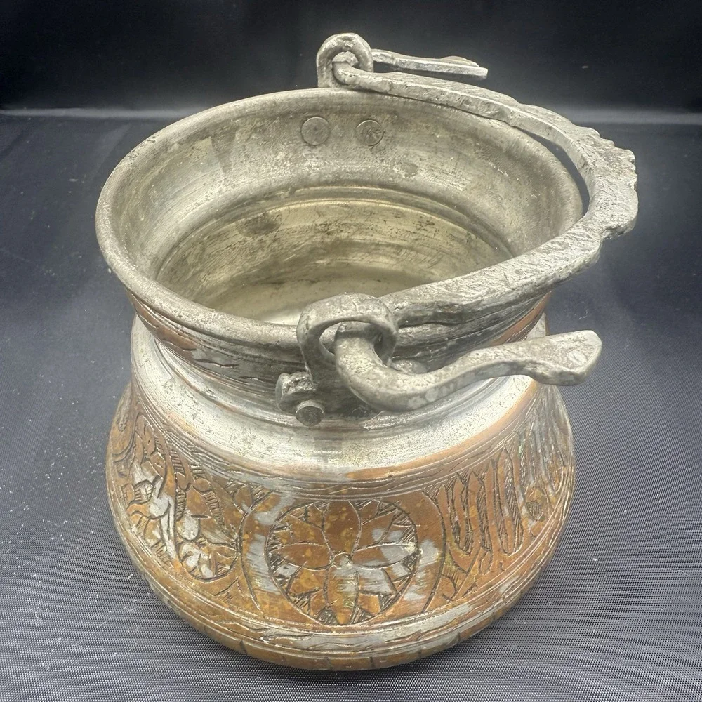 Antique Turkish Etched Copper Cauldron Bakrac Yogurt Pot, Hand‎ Hammered